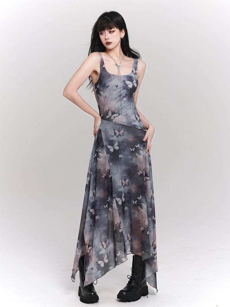 Robe sans manches à ourlet asymétrique et imprimé papillon bleu et violet