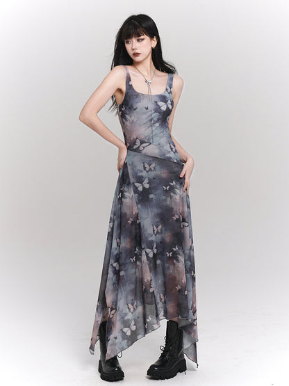 Robe sans manches à ourlet asymétrique et imprimé papillon bleu et violet