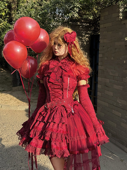 Neck Red + Lolita Tiered Full Top Set Halter Gothic Sleeveless Skirt