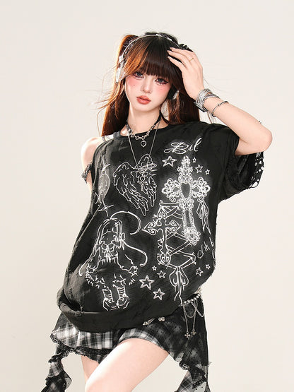 Apricot/Black Cutout Shoulder Lace Trim Graphic T-Shirt