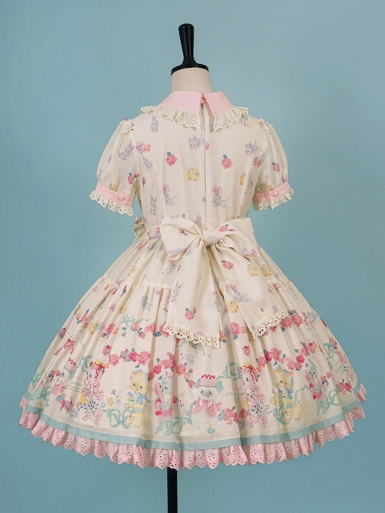 Lolita Scalloped Eyelet Kitty Short Dress with Sleeves Print Creamy Sweet Trims