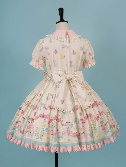 Lolita Scalloped Eyelet Kitty Short Dress with Sleeves Print Creamy Sweet Trims