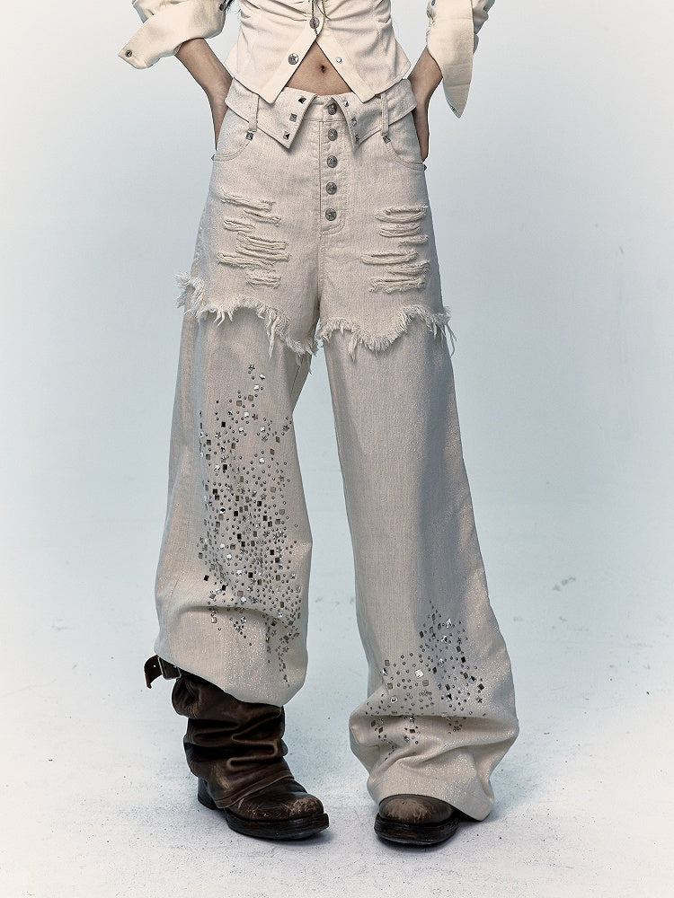 Apricot Wide-Leg Distressed Jeans with Rhinestone