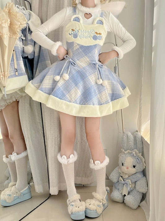 for Sweet Plaid Dress Lolita Autumn and Pom-Poms Embroidered Winter Cherry Blue with