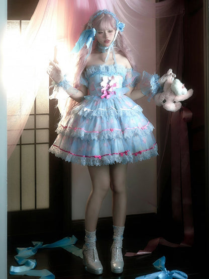 Satin Boning Bunny Dress Lolita Print Accents Cute Blue Bow