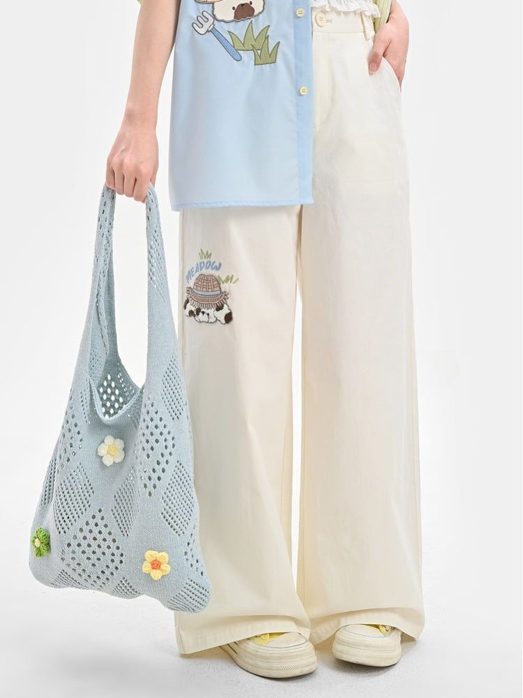 Waist Cartoon Animal Embroidery Regular/Long Wide-Leg Pants Beige High Version