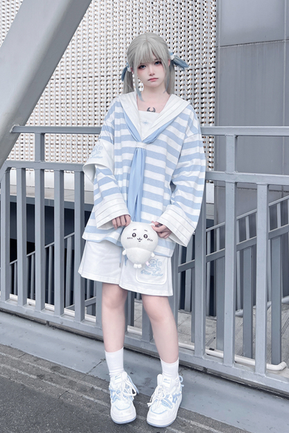 Sailor Neighborhood👼 Reserved Pants Subculture Tops Striped Collar Half Angel + Item