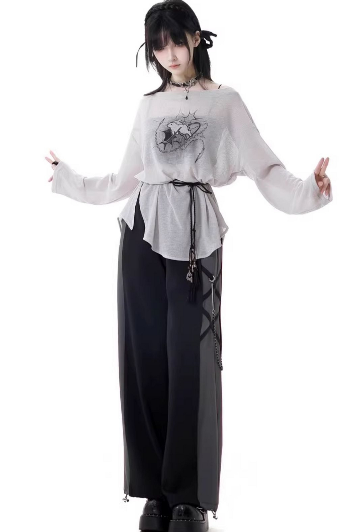 Mode top T-shirt pants wide + design lace-up waist
