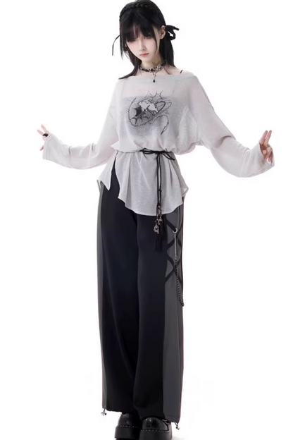 Mode top T-shirt pants wide + design lace-up waist