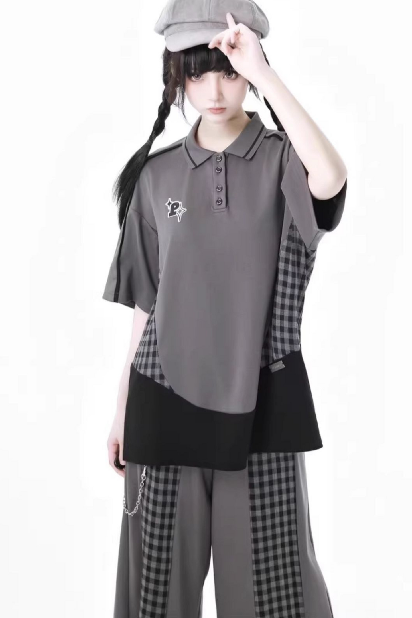 Mode Top Check Pants Skirt Casual Wide +