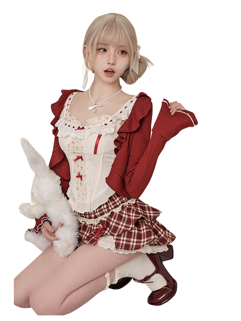Wine Cherry Red Skirt + Top Waist Vest Cardigan Red Summer Red Check + High Sweet Suit