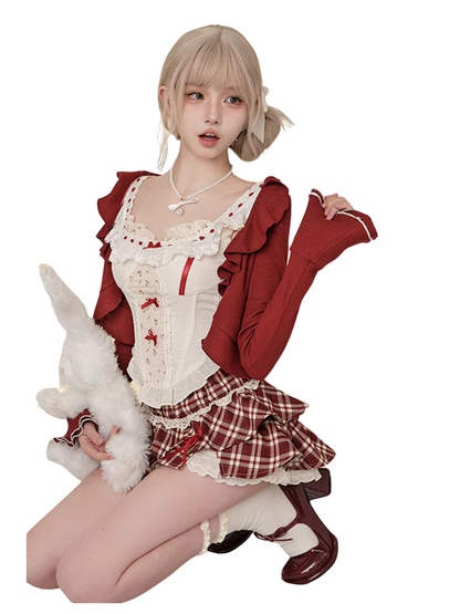 Wine Cherry Red Skirt + Top Waist Vest Cardigan Red Summer Red Check + High Sweet Suit