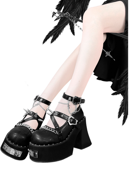 Witch Punk Round Shoes Rivet Dark Rose Platform Toe