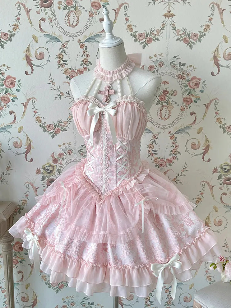 Cross Belle Pink Halter Neck Corset Dress Balletcore Lolita JSK