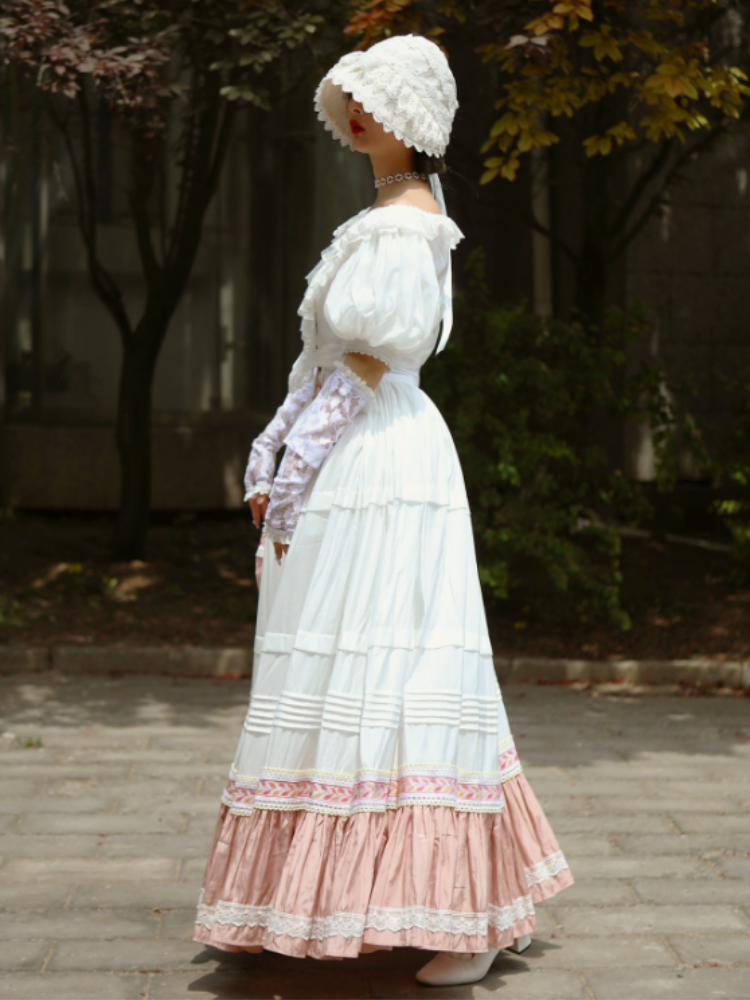 White Pink Lace Trim Flounce Hem Vintage Skirt