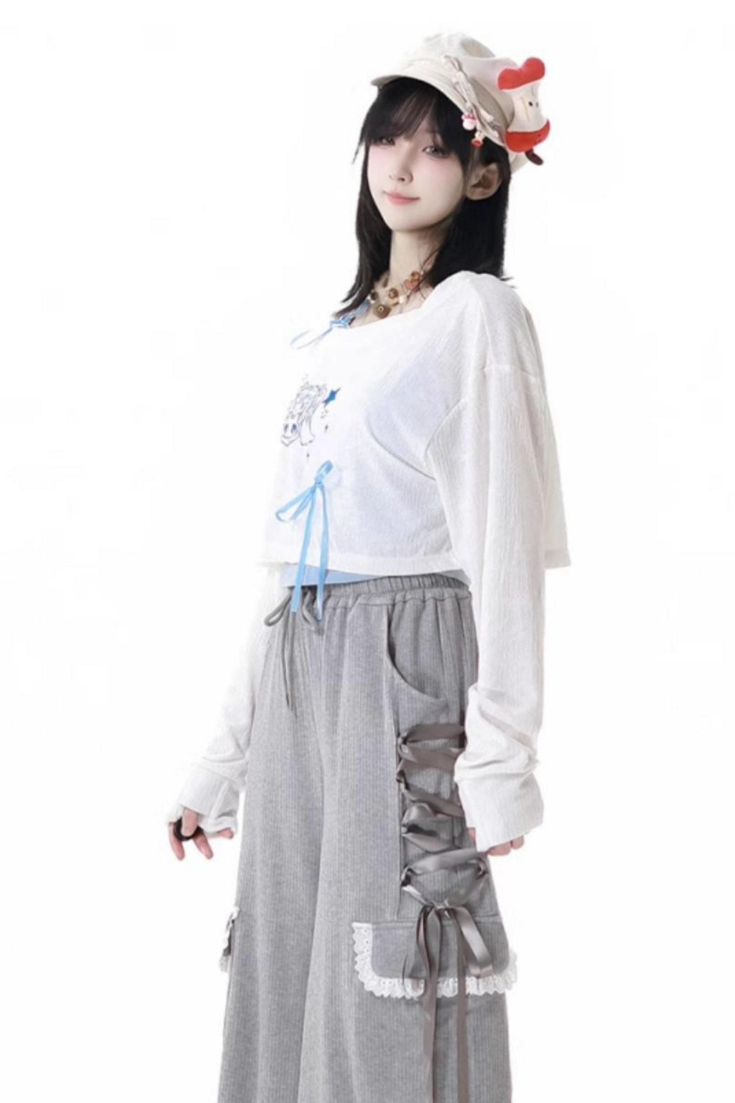One-shoulder top + pants lace-up camisole
