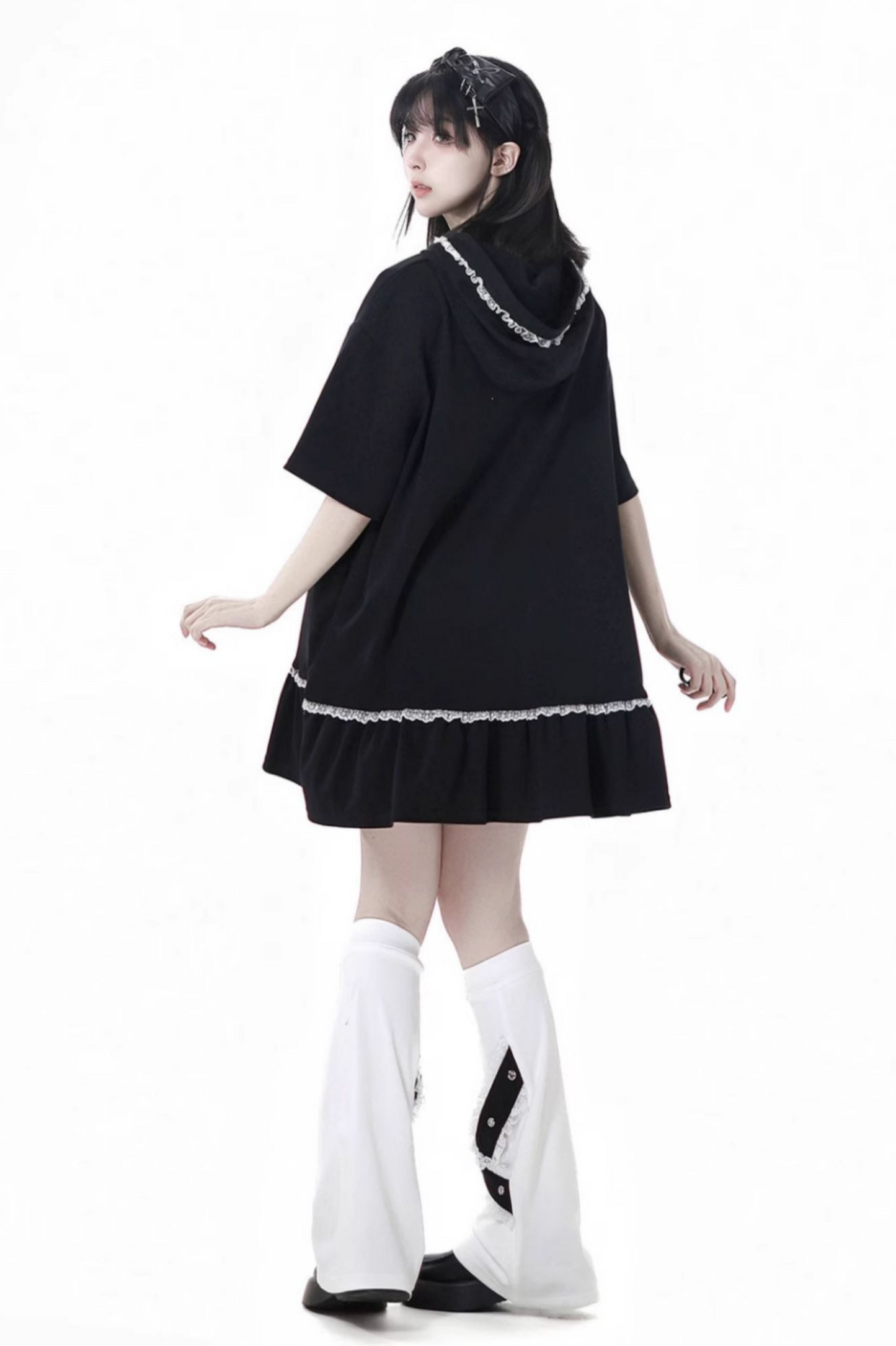 Loose Pants Top Frilled Hooded + Warmers Leg Half Dress Nektor