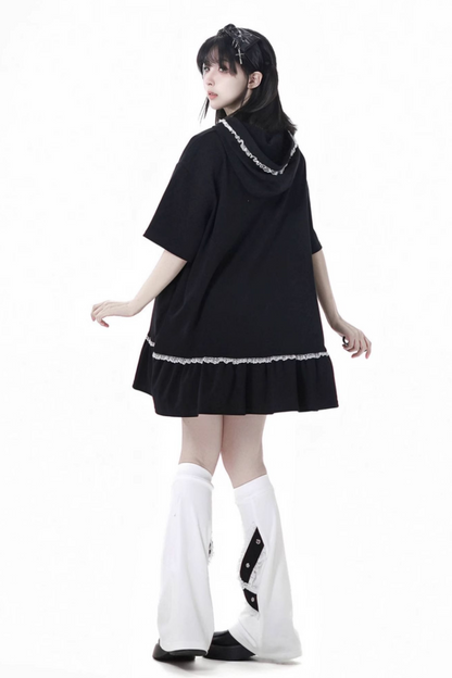 Loose Pants Top Frilled Hooded + Warmers Leg Half Dress Nektor