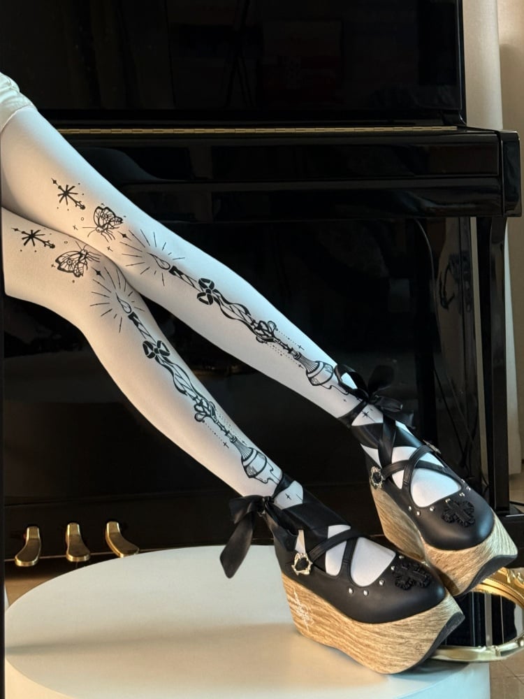 Tights Butterfly and Candelabra Print Gothic Lolita White