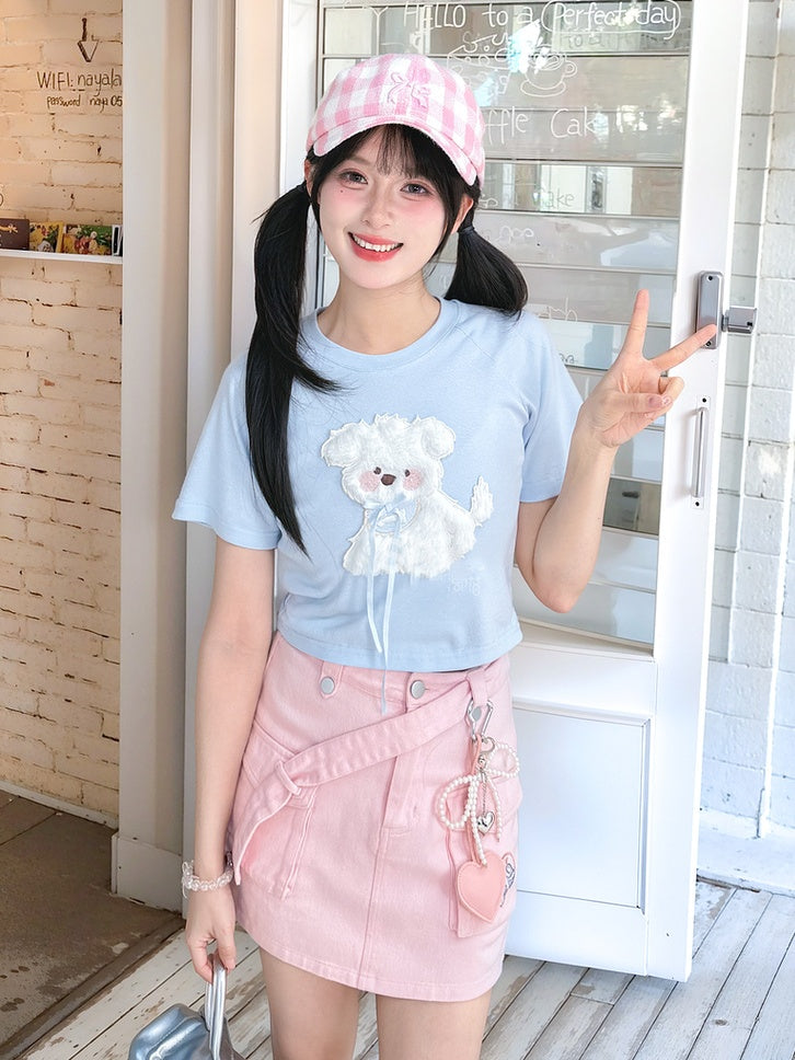 Kawaii Blue/Pink Plush Puppy Applique T-Shirt Yume