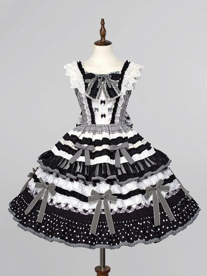 Bow Skirt Lolita Sweet and Black Tiered White Oreo Cake Accents Dress