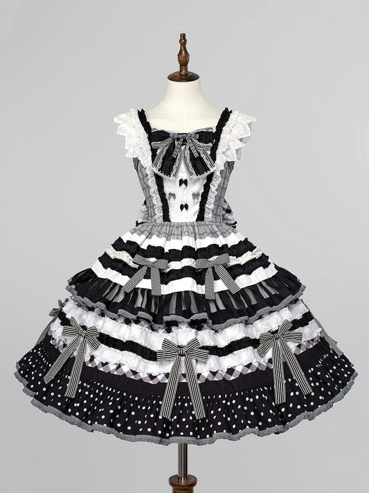 Bow Skirt Lolita Sweet and Black Tiered White Oreo Cake Accents Dress