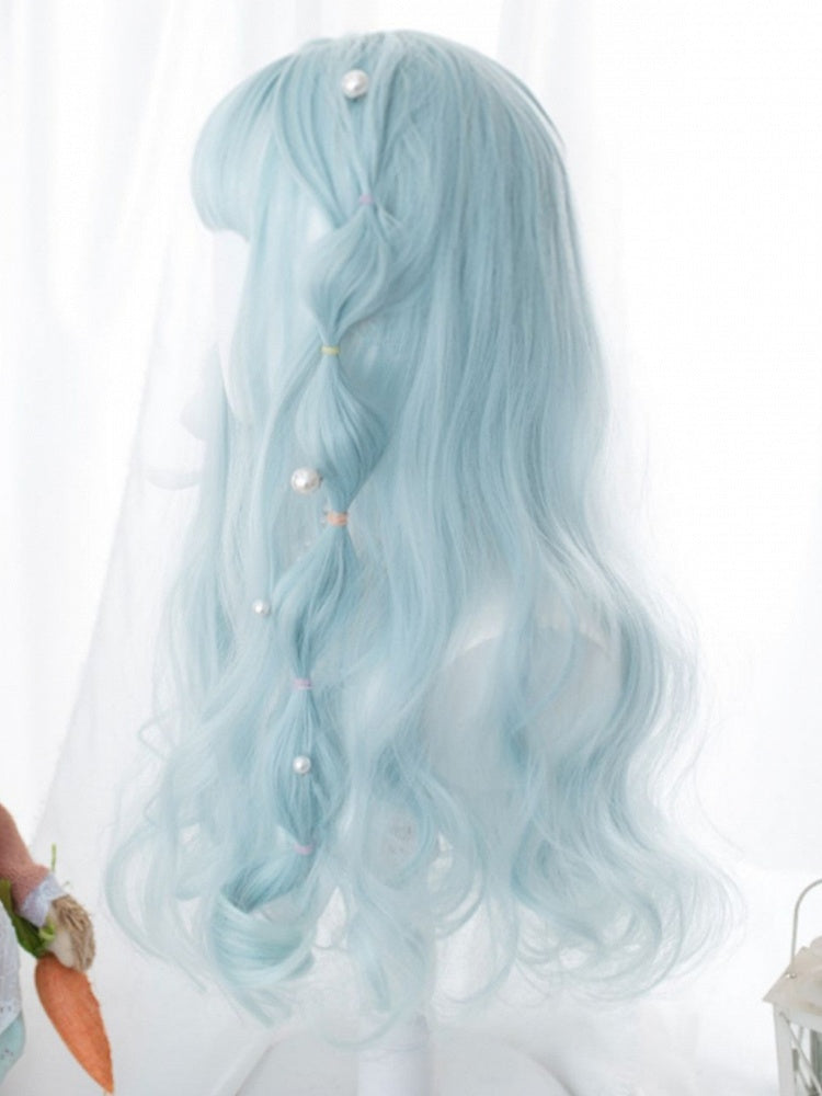 Light Blue 60CM Under Bust Length Wavy Wig With Bangs