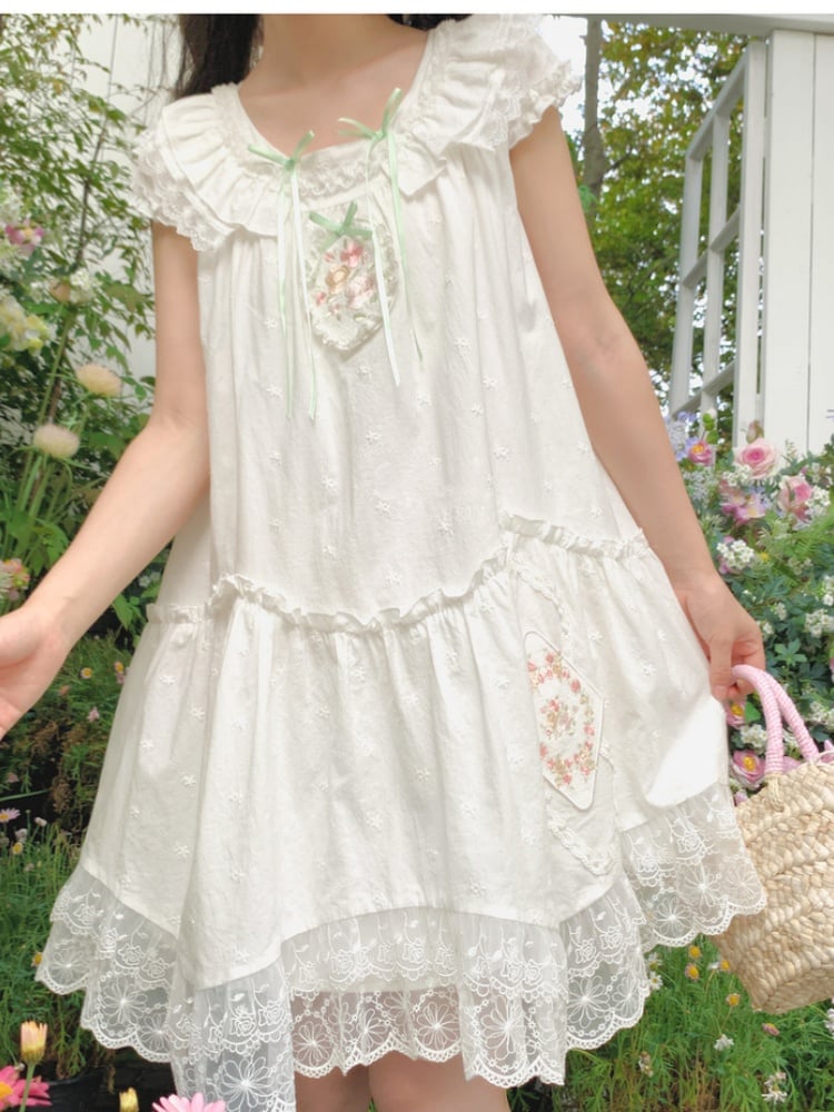 Mori Kei Dress White Floral Embroidery Lace Trim