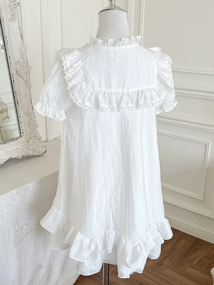 Blue Trim White Ruffle Neckline Lace Puff Sleeves Dress with