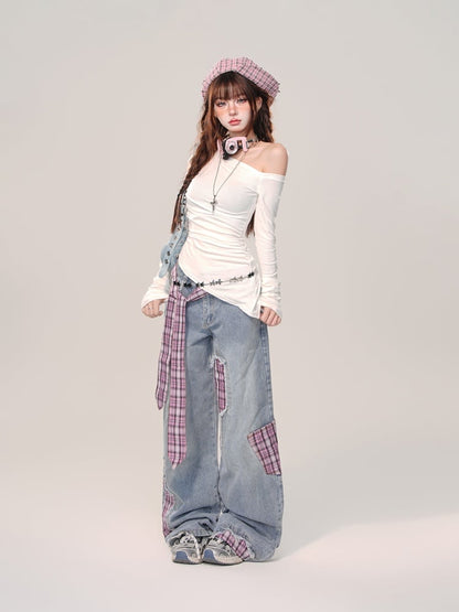 Rose Red Plaid Bowknot Wide-leg Cut Blue Jeans