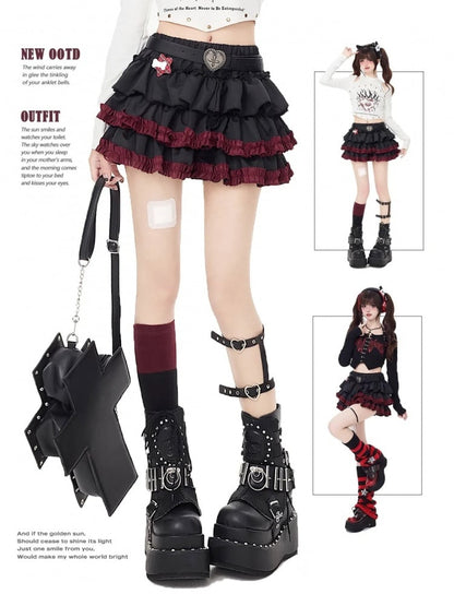 Ruffle Hem Black Punk Tiered Skirt