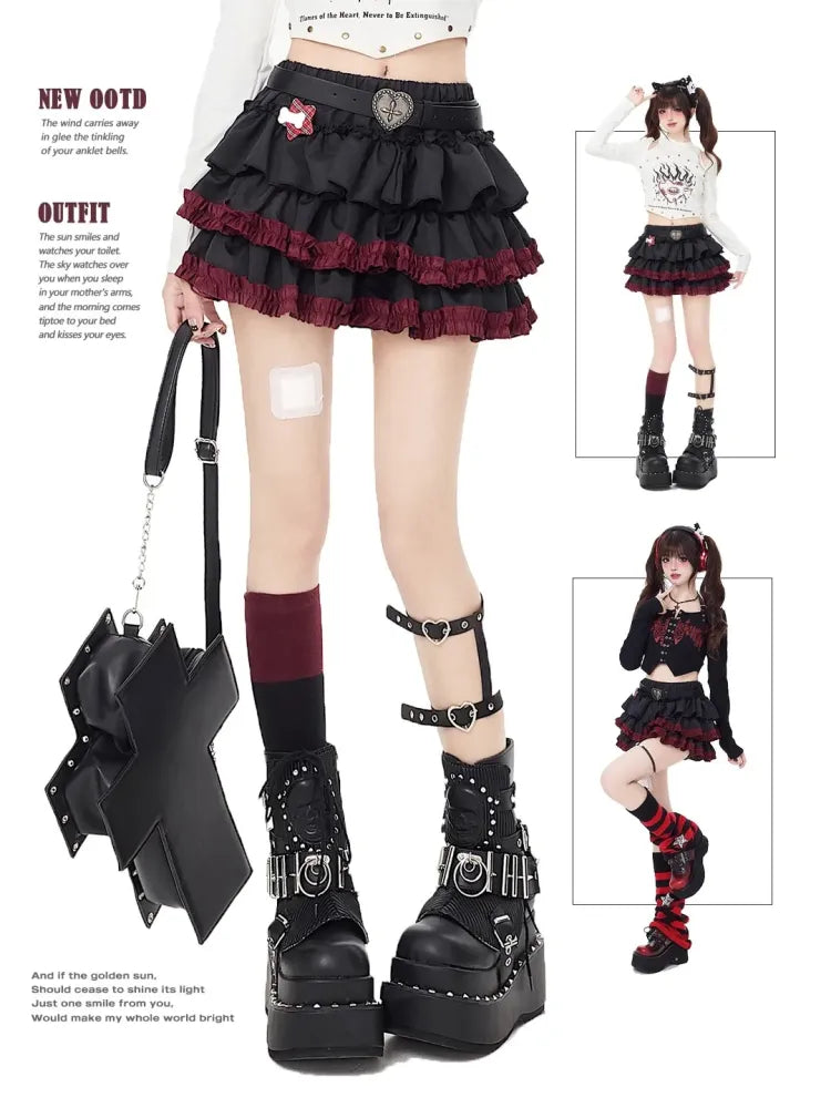 Belt Black Tiered Waist Skirt Punk Free with Ruffle Hem