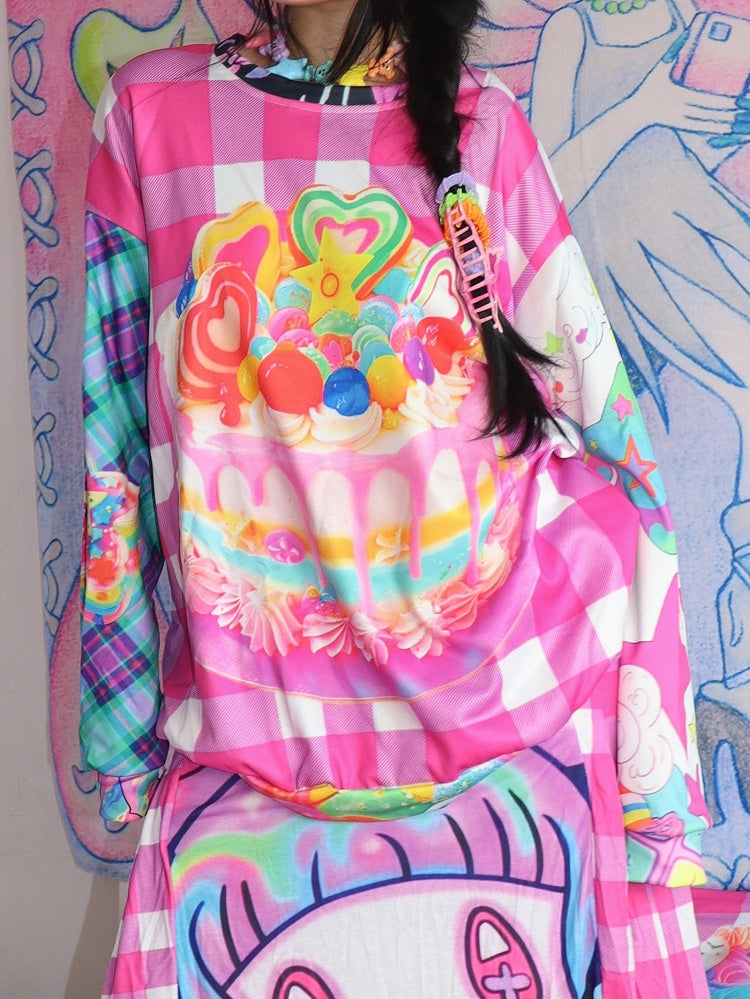 Y2K-Muster, kariertes Kuchen-Sweatshirt mit buntem Aufdruck