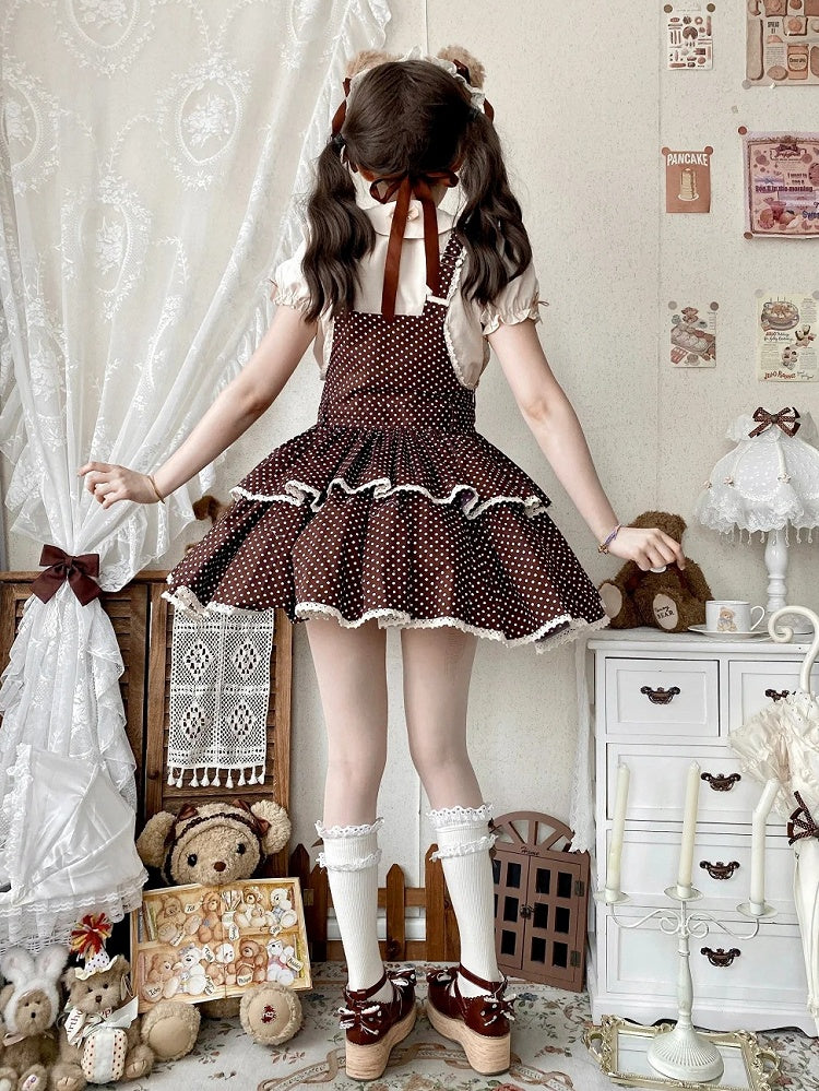 School Lolita Chocolate Polka-dot Pattern Dress Brown Overall Old