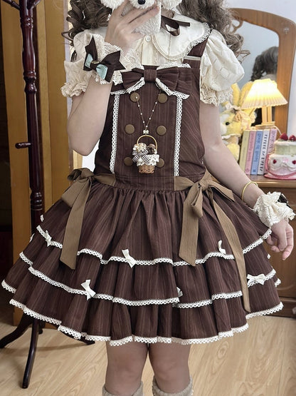 Accents Layered Sweet Bow with Ruffle Striped Overall Brown Dress Lolita