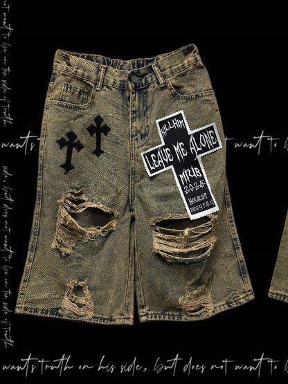 Punk Wasteland Cross Appliques Yellow Distressed Holes Denim Shorts Y2K