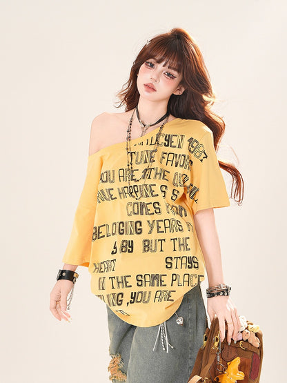 Asymmetrical Neckline Letter Print Loose T-Shirt Yellow/White/Black
