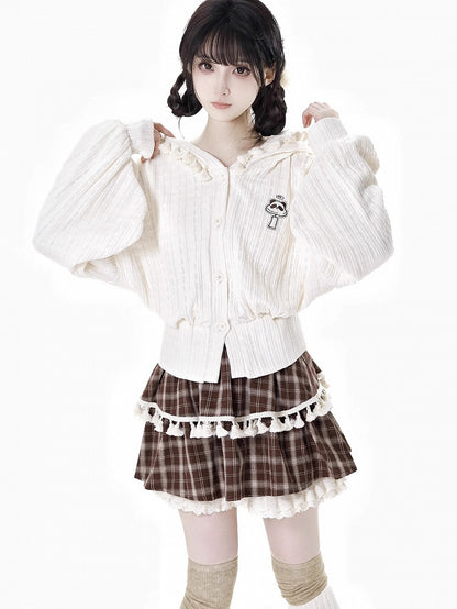 Brown Plaid Tiered Skort Ruffle Cuffs Fringe Trim