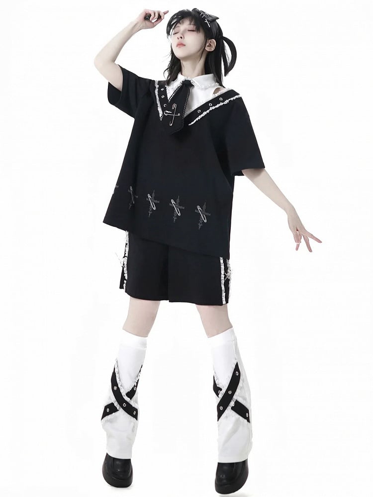 Lace Black Elastic Waist Contrast Shorts Trim Cross Charms