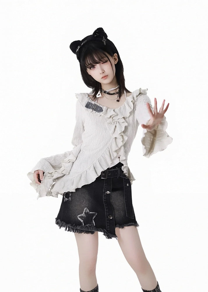 Y2K Black Star Appliques Raw Hem Denim Skirt with Buckle Belt