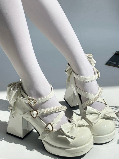 Platform Mary Block with Straps Crisscross - Janes Heel Buckle High Sweet Lolita White Heart Beaded