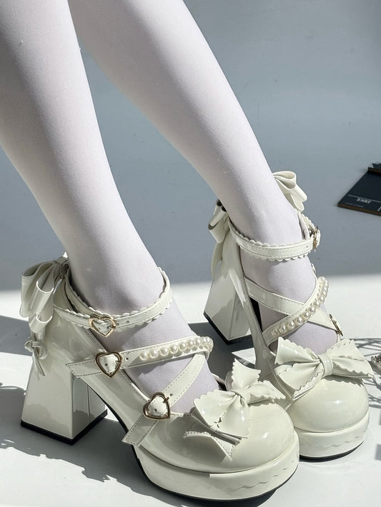 Platform Mary Block with Straps Crisscross - Janes Heel Buckle High Sweet Lolita White Heart Beaded