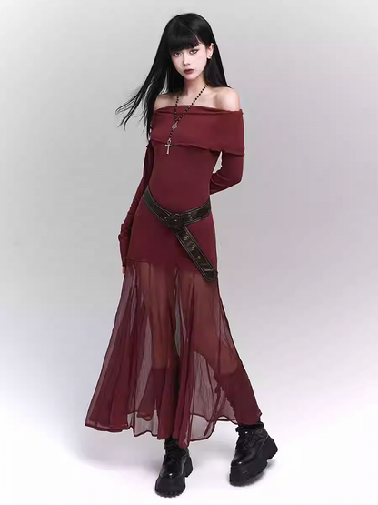 Robe glamour rouge vin semi-transparente à épaules dénudées