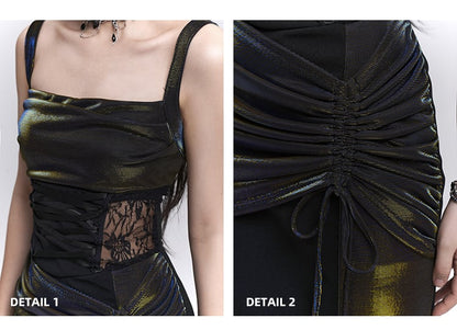 Waist Drawstring Black Lace Hip Sleeveless Dress Patches
