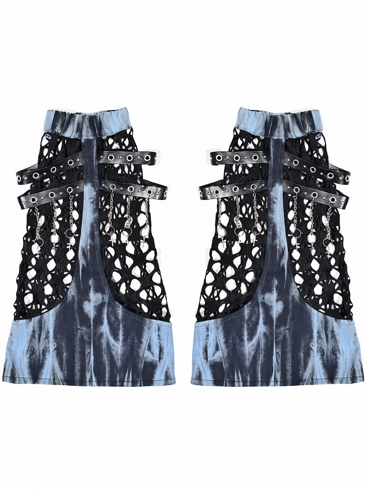 Grunge Punk Rock Mesh Patchwork Blue and Black Tie Dye Leg Warmers Straps with Chains