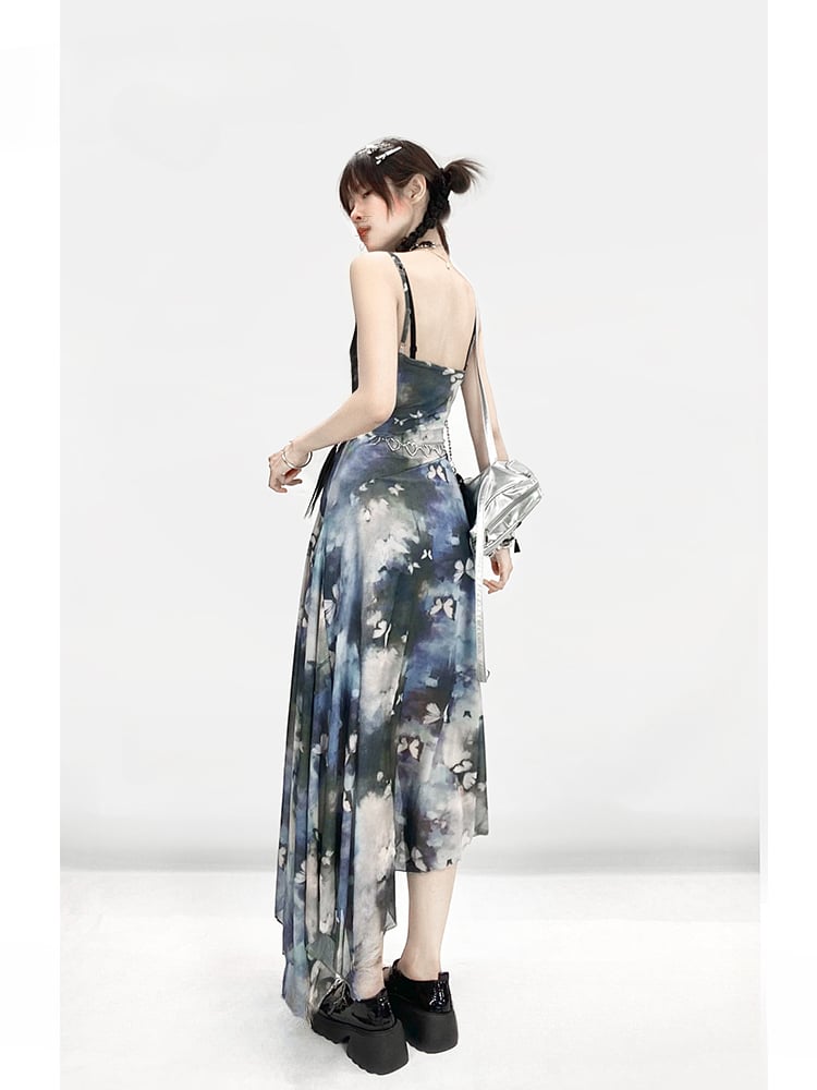 Robe moulante vintage Y2K à imprimé papillon bleu et peinture à l'huile
