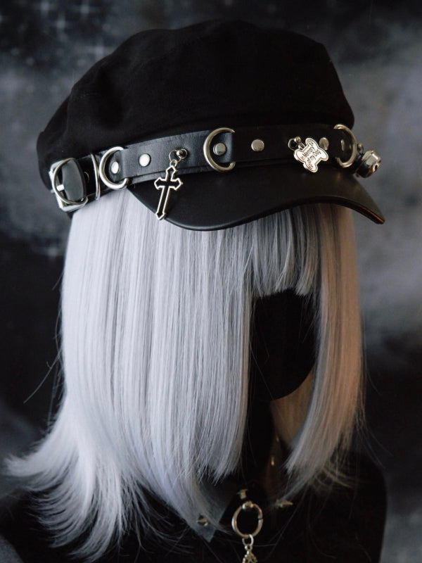 Baskenmütze, Kreuz, Hut und Details, Charme, Gothic, Knochen, schwarze Nieten