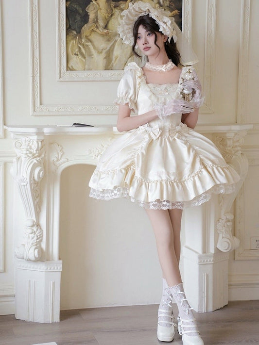 Dress Beige and Sleeves Lolita Elegant Puff Short Neckline Classic Square