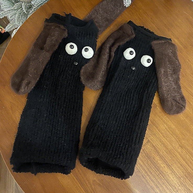 Jambières en peluche blanches/noires/marron avec oreilles de chiot