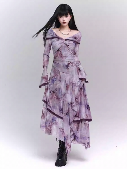 Robe à épaules dénudées et imprimé papillons violet/gris foncé/abricot